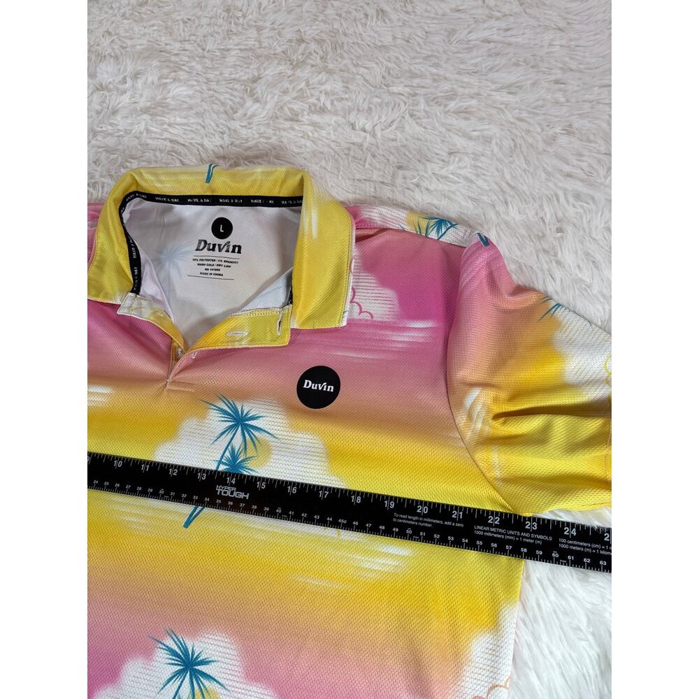 Hawaiian Golf Polo Mens Large Tropical Print Duvin Design Day in Clouds Resort - Picture 5 of 6